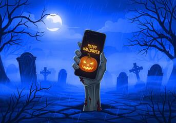 Zombiehand streckt Smartphone aus dem Friedhof, Happy Halloween Text