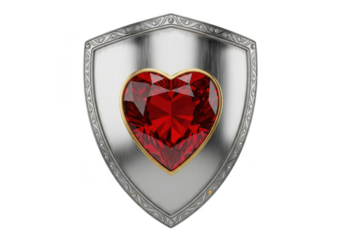 Silver shield with red ruby heart gemstone, medieval knight armor, fantasy game asset, protection symbol isolated on transparent background