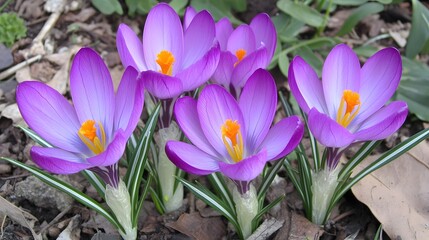 Naklejka premium A Cluster of Vibrant Purple Crocus Flowers Blooming in Early Spring Time