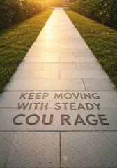 Motivational quote on pathway – Keep moving with steady courage at sunset