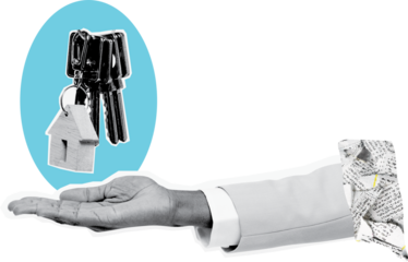 the hand that is receiving the key art collage