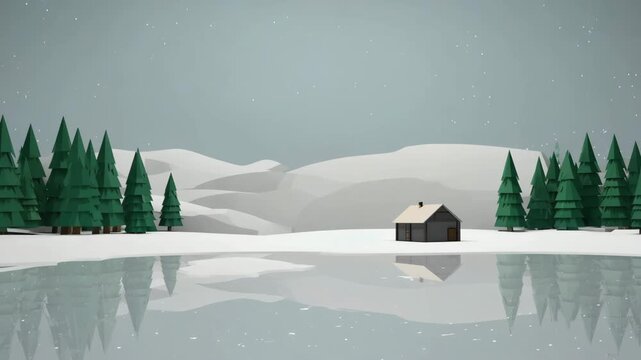 Low Poly Winter Cabin Scene with Frozen Lake and Snowfall house