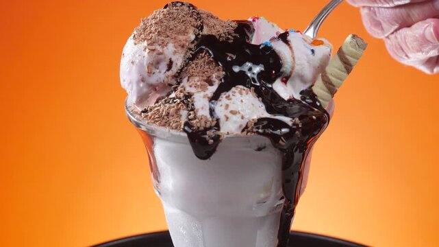 Scoops of vanilla ice cream in a glass bowl, sprinkled with chocolate and drizzled with syrup, slowly rotate against a brightly colored background.