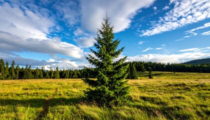 Single conifer in sunlit meadow, framed by forest against cloudy sky