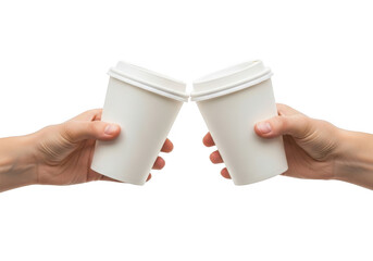 Two hands clinking white disposable coffee cups cheers celebration party event isolated on transparent background