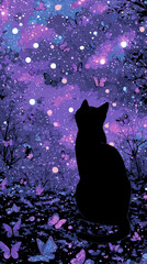 A curious cat gazing up at a vibrant night sky filled with stars and butterflies