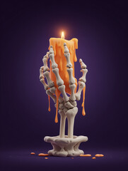 A creepy candle held by a skeleton hand, perfect for Halloween decorations