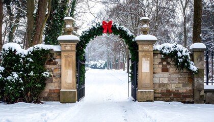 Snow-covered archway entrance with festive garland and bow