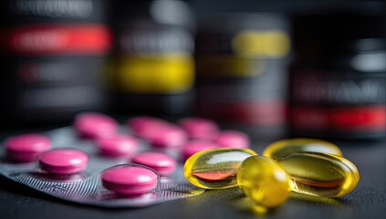 Close-up of pink pills and yellow capsules on dark surface, with blurred medicine containers in background