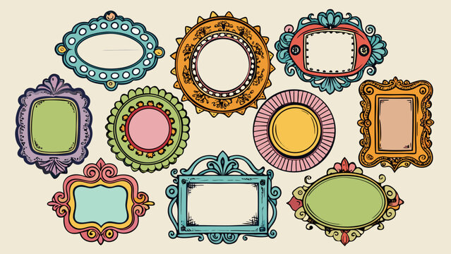 Vector art of collection of ten colorful vintage frames