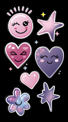 A collection of cute and charming illustrations featuring smiling faces and twinkling stars, exuding a sense of warmth and positivity