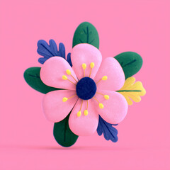 A beautiful flower with pink petals against a lovely pink background. The flower has a vibrant dark blue center and a unique design of green and blue leaves