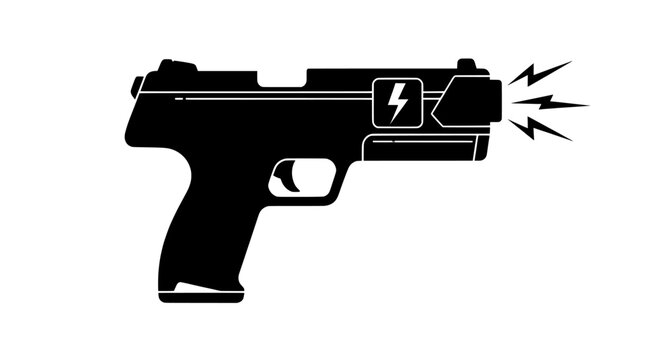 Silhouette of a taser gun firing electrical sparks representing self defense and non lethal weapon technology