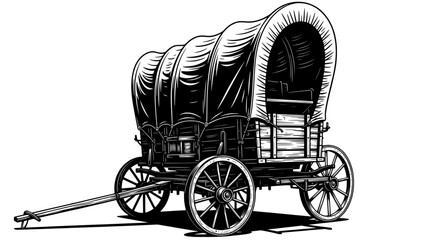 Fototapeta premium Vintage hand drawn illustration of a classic covered wagon on a white background evoking the spirit of the american west and pioneer travel