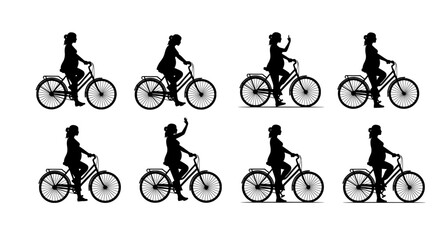 Obraz premium Collection of eight black silhouette illustrations of women riding bicycles in various dynamic poses against a white background