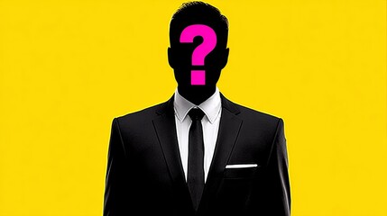 A man's face is covered by a question mark. The image is a black and white photo of a man wearing a suit and tie. The man's face is obscured by a large pink question mark