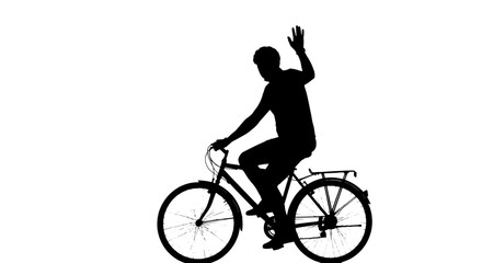Obraz premium Silhouette of a person riding a bicycle and waving hello against a clean white background conveying freedom and activity