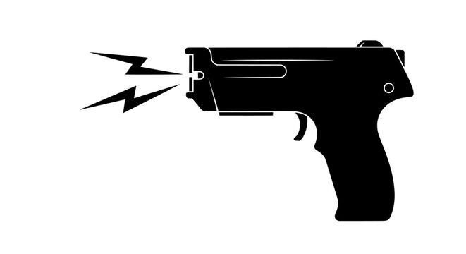 Silhouette of a black stun gun with electrical sparks emanating from the barrel symbolizing defense and security