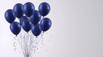 Dark blue balloons with ribbons and confetti on a plain background