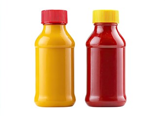 Two small bottles of condiments, one yellow mustard, one red ketchup, against a white background