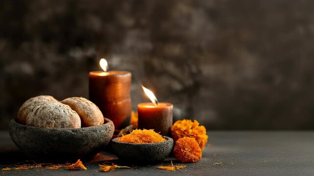 Day Of The Dead,  Candles and Baked Goods Create Serene Setting with Vibrant Marigold Petals and Aromatic Spices