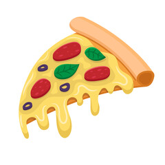 Vector illustration of a pizza slice with melted mozzarella, pepperoni, basil, and black olives