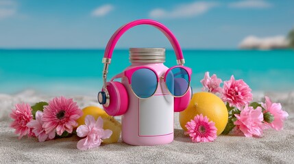 A pink container with sunglasses and headphones on a beach. The container is filled with flowers and a lemon