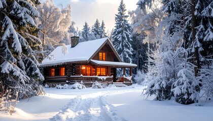 Snow-covered wooden cabin with lit windows nestled in a snowy forest scene