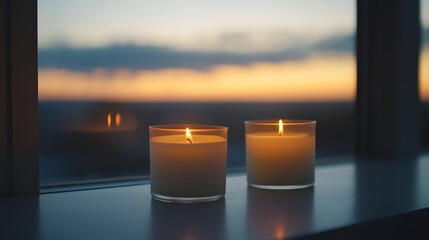 Two candles burning on windowsill at dusk creating a calming ambiance