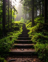 Stairway ascending through a lush, sunlit forest with tall trees