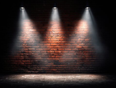 Three spotlights illuminate a brick wall (2)