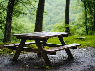 Rainy Day Picnic Table in Lush Green Forest