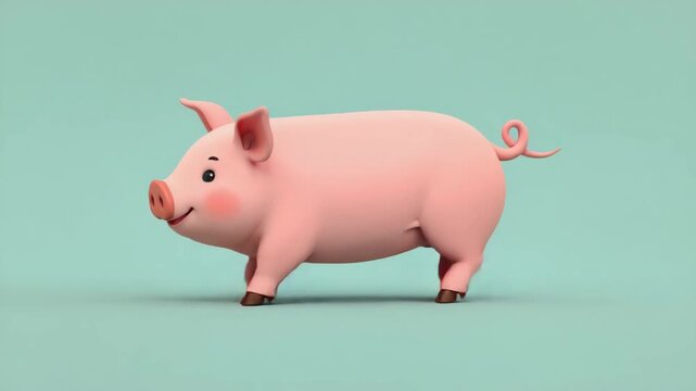 Adorable 3D cartoon pig walking happily on a pastel blue background character animal
