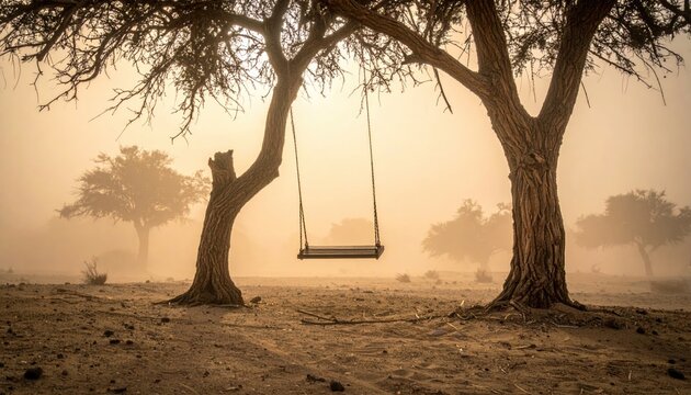 Ethereal swing set amidst trees, dust haze