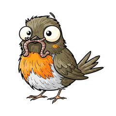 Cartoon robin, kid book illustration, isolated on white background.