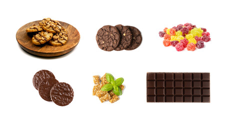 Assorted cakes set isolated. Many biscuit desserts, sweet bakery collage, cookie collection