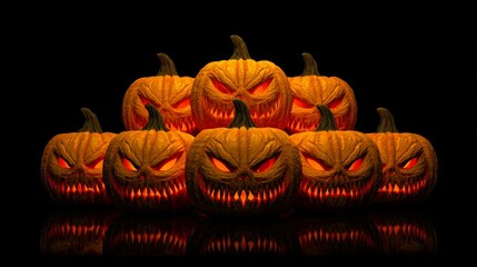 Chilling illumination: haunted pumpkins on a pale canvas. Bold fashion. Ghostly gathering: eight evil-faced jack o lanterns with suspicious eyes. Surreal composition. Daring imagery.