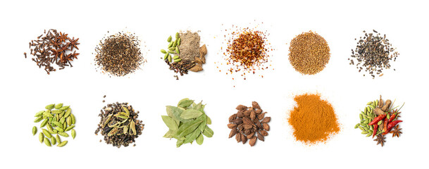 Various spices isolated. Dry indian seasoning collection, assorted condiment set, spice herbs