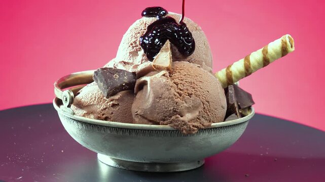 Balls of chocolate ice cream in a metal bowl slowly rotate against a brightly colored background.