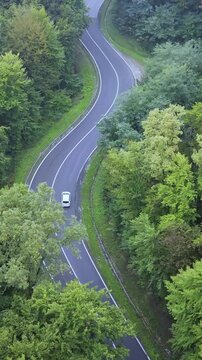 Vertical aerial view of white electric car on forest road in lush green eco landscape filmed in 9:16 format