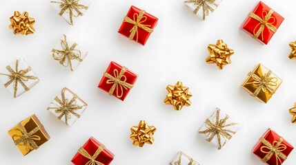 Festive gift boxes flat lay on white background for holiday season