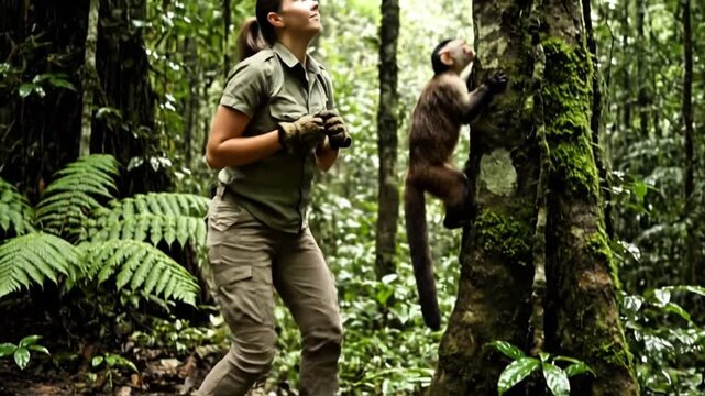 A female researcher observes a small monkey climbing a mossy tree in a dense, lush rainforest, holding binoculars and looking upwards.