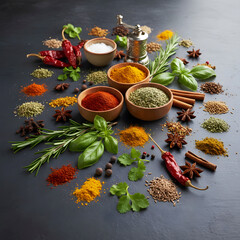 herbs and spices on wooden table