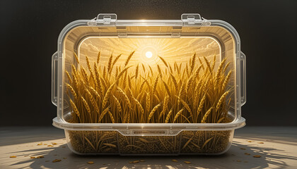 ai generator Image of an open food storage box containing golden wheat lying on the floor suitable for design work