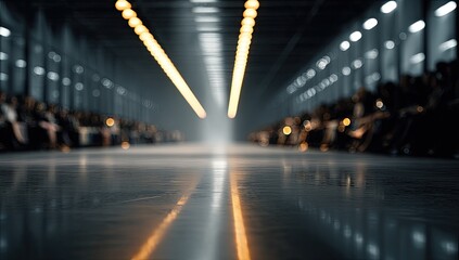 Empty runway, blurred audience, industrial setting.  Long corridor, lights focused on runway
