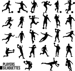 Sport Players Silhouettes: Diverse Athletic Action Poses with Balls in Various Movements for Sports Illustration, Fitness, and Athletic Design