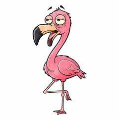 Cartoon flamingo, kid book illustration, isolated on white background.