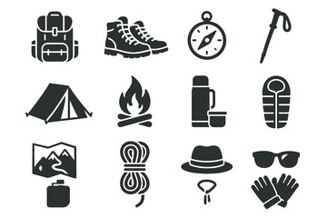 Fototapeta premium Camping essentials icons: backpack, boots, compass, tent, campfire, thermos, sleeping bag, map, hat, sunglasses