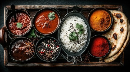 Festival sharing concept: colorful top-view Indian dishes with marigold petals, conveying celebration vibe for holiday promo ad, streaming opener or airline meal promo