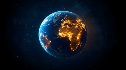 Fototapeta premium The vibrant image shows Earth from space, highlighting the illuminated areas of continents like Africa and Europe against a dark background filled with stars.